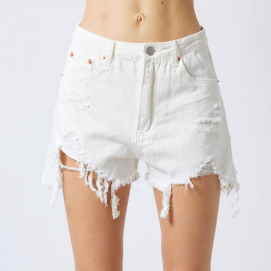 High Waisted Destroyed White Denim Shorts