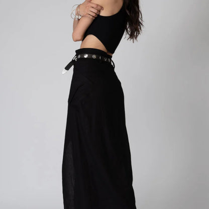 Stretch Linen Cargo Knotch Waist Maxi Skirt