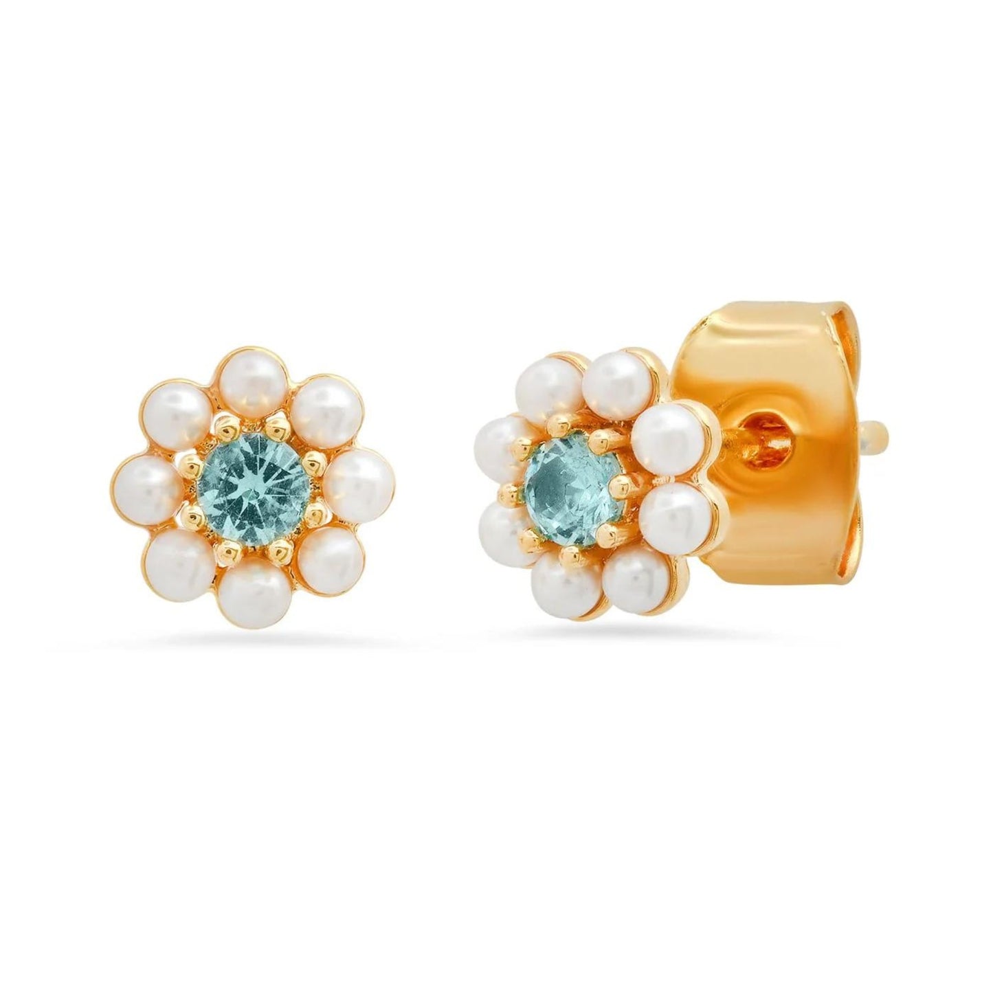 Pearl Flower Stud with Blue Center